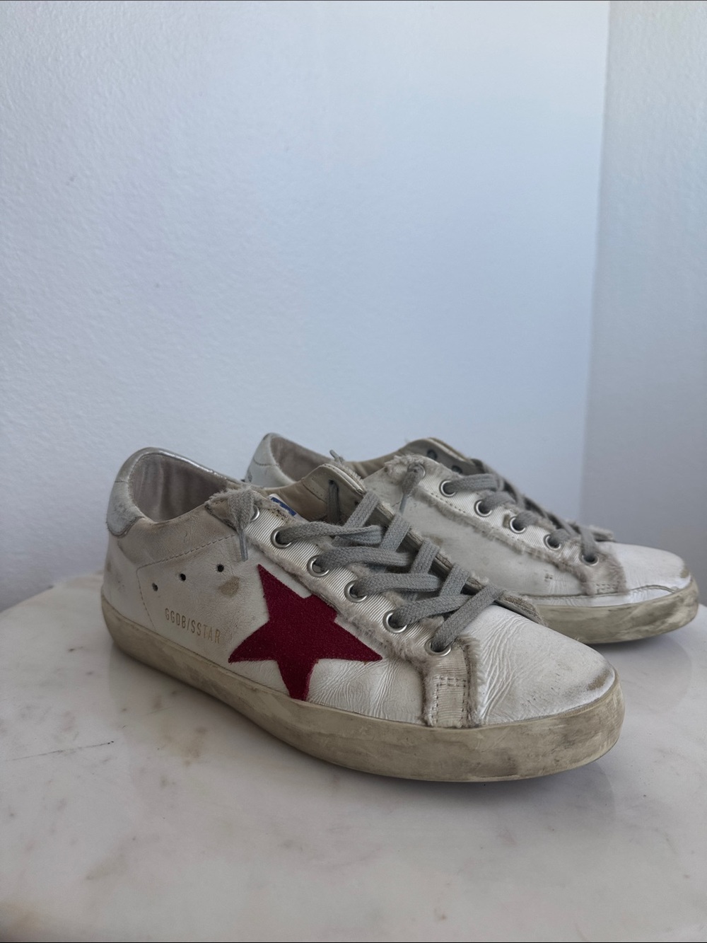 Golden Goose White Leather Sneakers with Red Star